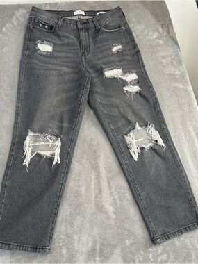 True Craft Cropped Baggy Straight Jeans Women's Black Denim Distressed Size 8